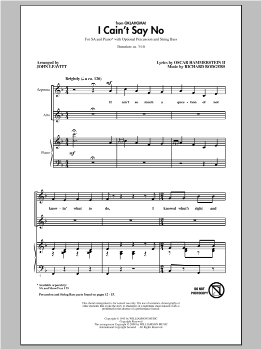 Rodgers & Hammerstein I Cain't Say No (arr. John Leavitt) sheet music, chords, lyrics - Printable PDF for 2-Part Choir