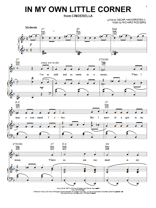 Rodgers & Hammerstein In My Own Little Corner sheet music, chords, lyrics - Printable PDF for Piano, Vocal & Guitar (Right-Hand Melody)