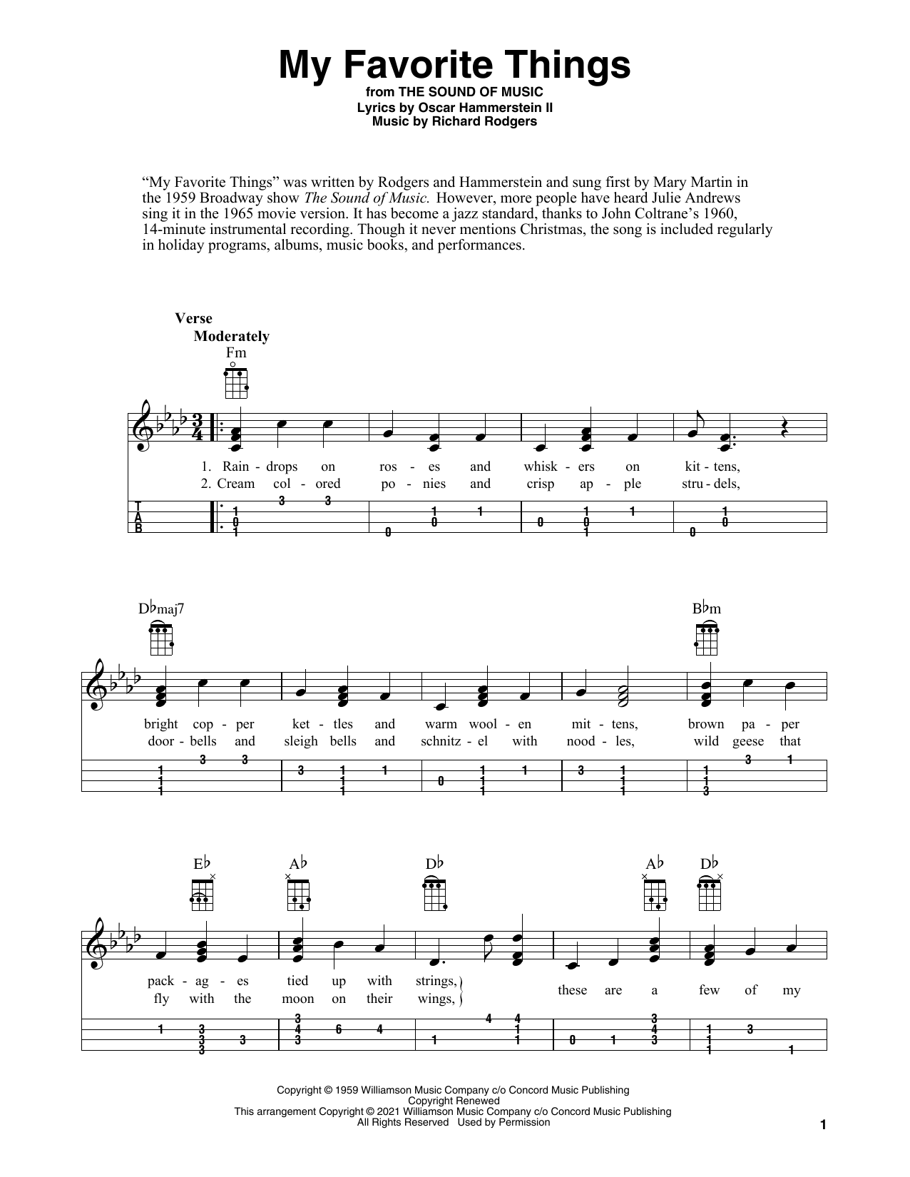 Rodgers & Hammerstein My Favorite Things (arr. Fred Sokolow) sheet music, chords, lyrics - Printable PDF for Ukulele