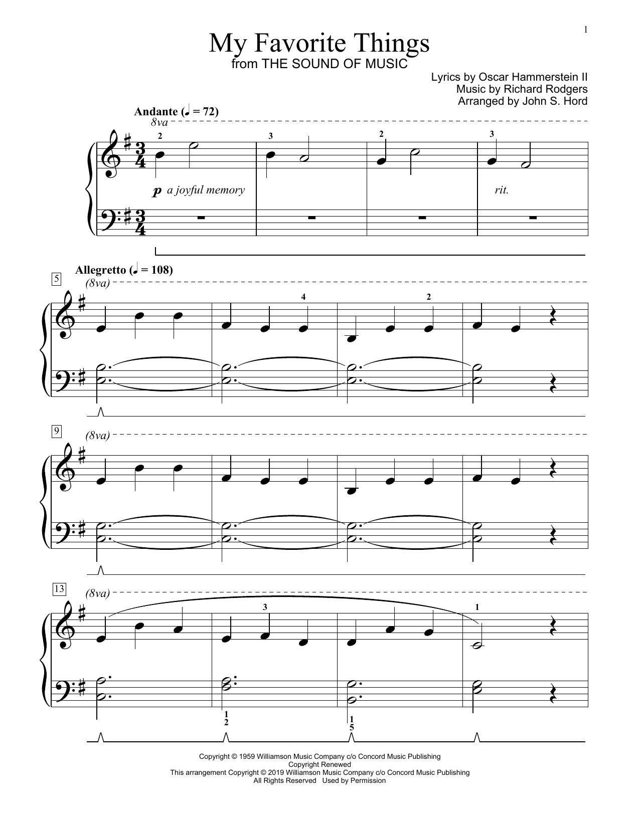 Rodgers & Hammerstein My Favorite Things (from The Sound Of Music) (arr. John S. Hord) sheet music, chords, lyrics - Printable PDF for Educational Piano