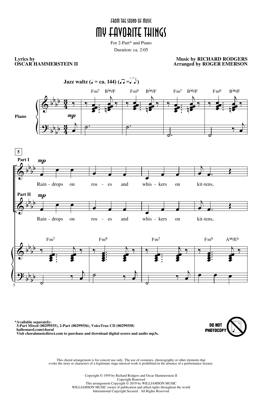 Rodgers & Hammerstein My Favorite Things (from The Sound Of Music) (arr. Roger Emerson) sheet music, chords, lyrics - Printable PDF for 3-Part Mixed Choir