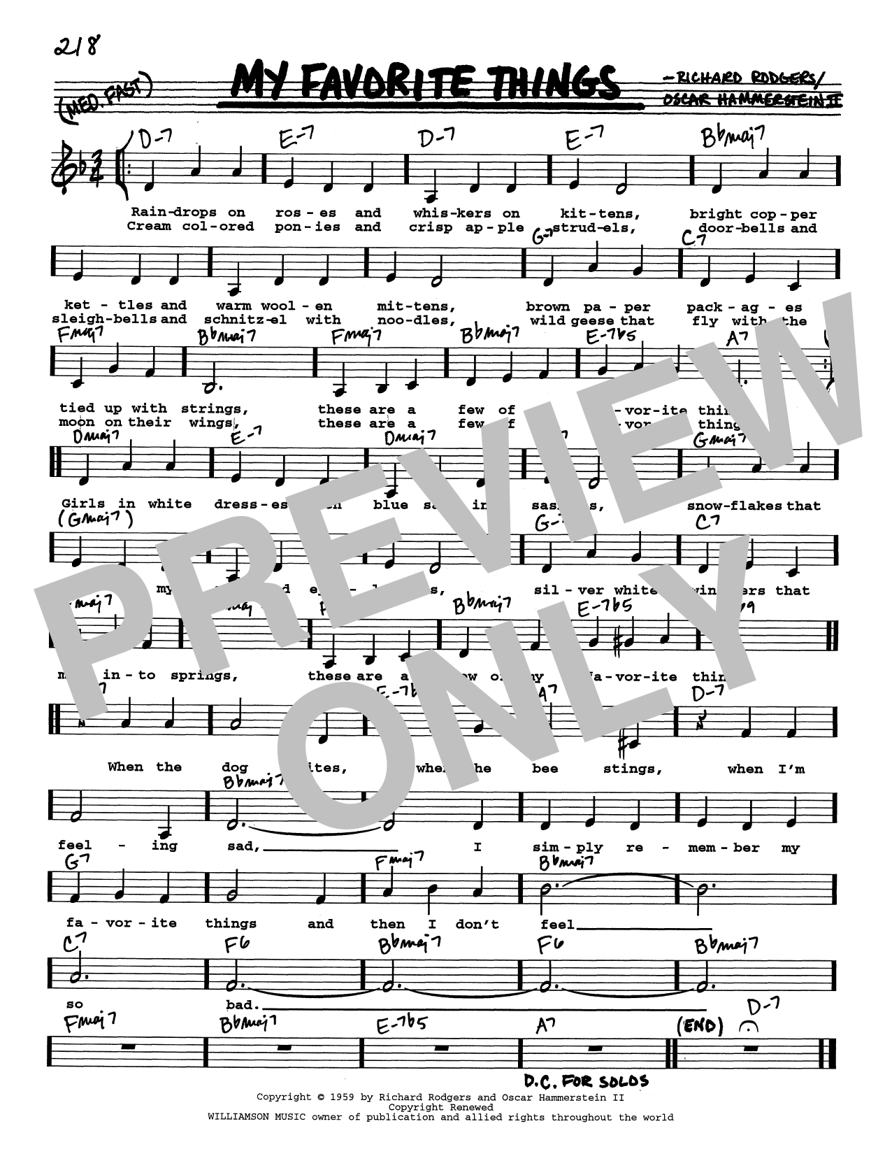 Rodgers & Hammerstein My Favorite Things (from The Sound Of Music) (Low Voice) sheet music, chords, lyrics - Printable PDF for Real Book – Melody, Lyrics & Chords