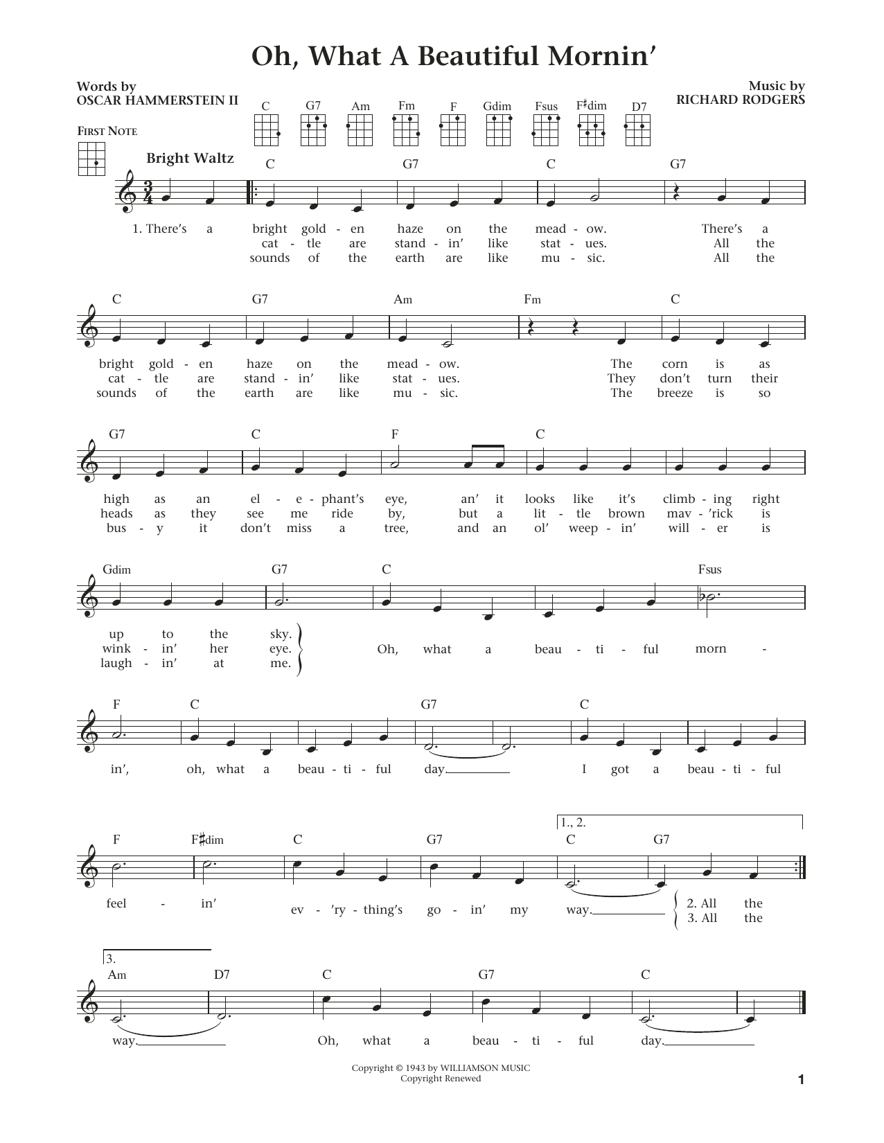 Rodgers & Hammerstein Oh, What A Beautiful Mornin' sheet music, chords, lyrics - Printable PDF for Ukulele