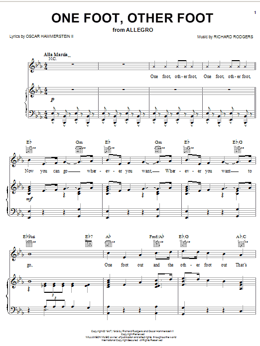 Rodgers & Hammerstein One Foot, Other Foot (from Allegro) sheet music, chords, lyrics - Printable PDF for Piano, Vocal & Guitar (Right-Hand Melody)