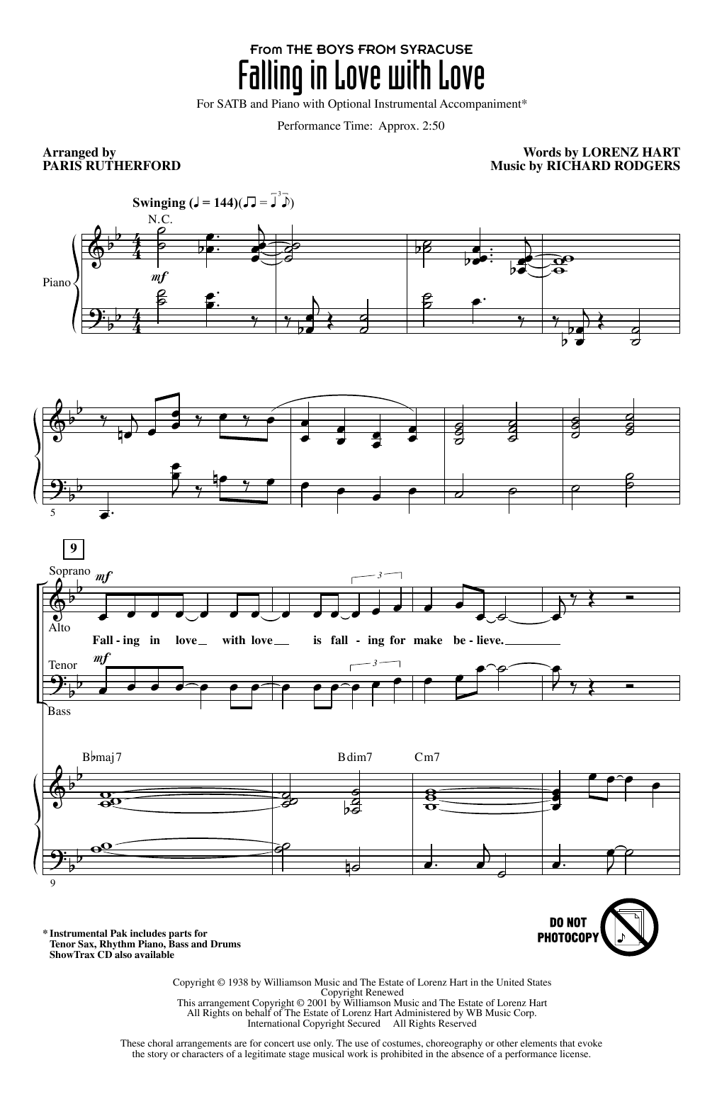 Rodgers & Hart Falling In Love With Love (from The Boys From Syracuse) (arr. Paris Rutherford) sheet music, chords, lyrics - Printable PDF for SATB Choir