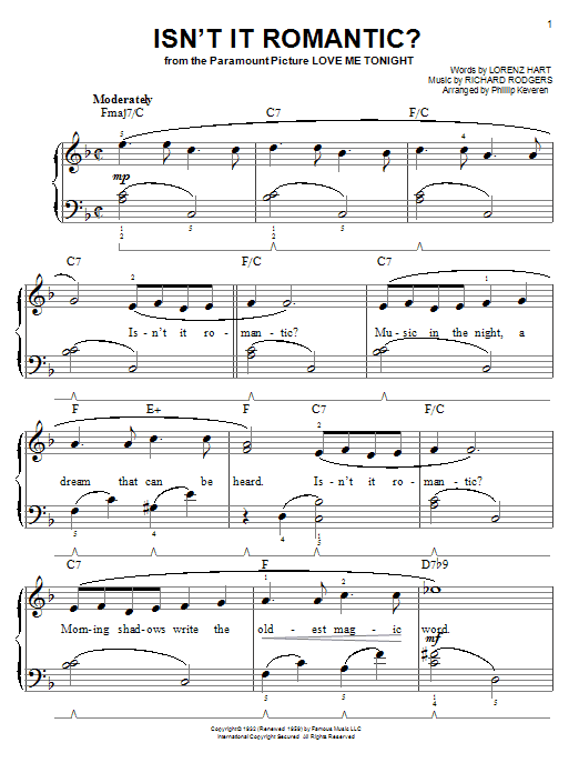 Rodgers & Hart Isn't It Romantic? sheet music, chords, lyrics - Printable PDF for Easy Piano