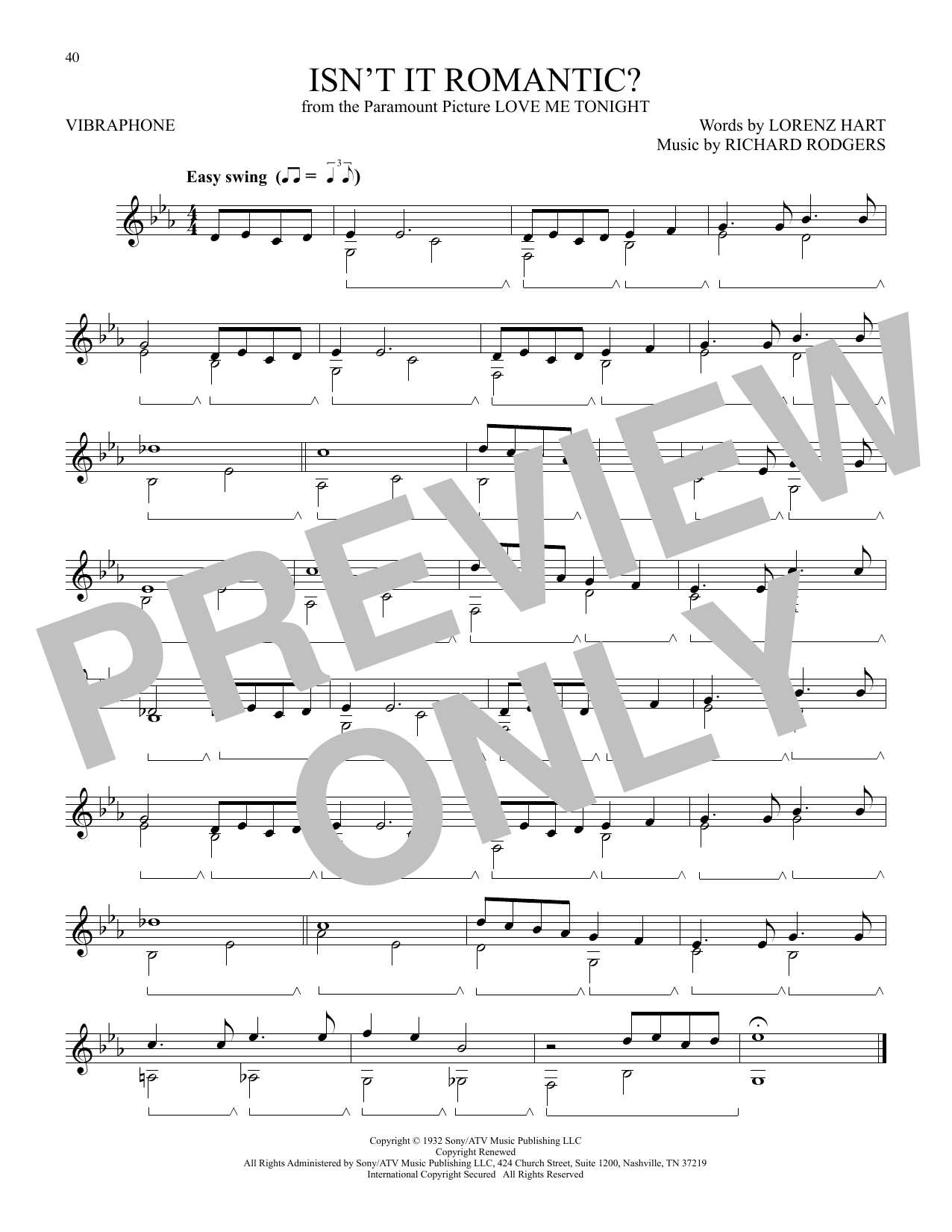 Rodgers & Hart Isn't It Romantic? (from Love Me Tonight) sheet music, chords, lyrics - Printable PDF for Vibraphone Solo