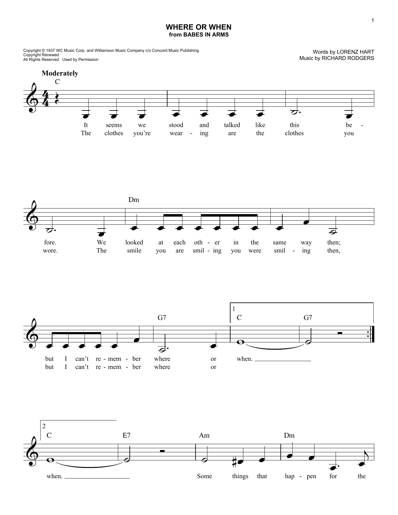 Rodgers & Hart Where Or When (from Babes In Arms) sheet music, chords, lyrics - Printable PDF for Lead Sheet / Fake Book