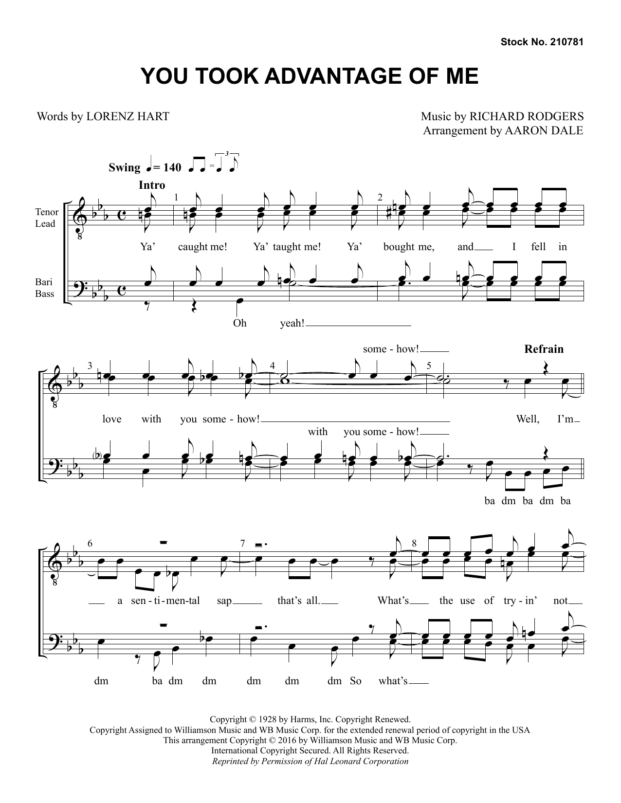 Rodgers & Hart You Took Advantage of Me (arr. Aaron Dale) sheet music, chords, lyrics - Printable PDF for TTBB Choir