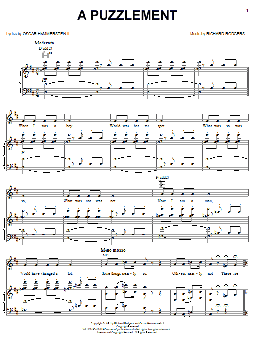 Learn to play Rodgers & Hammerstein A Puzzlement sheet music for Easy Piano in minutes. Rodgers & Hammerstein A Puzzlement sheet music preview music notes and score for Easy Piano including 9 page(s)