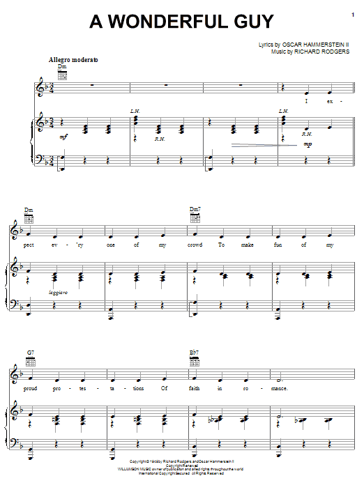 Learn to play Rodgers & Hammerstein A Wonderful Guy sheet music for Piano, Vocal & Guitar (Right-Hand Melody) in minutes. Rodgers & Hammerstein A Wonderful Guy sheet music preview music notes and score for Piano, Vocal & Guitar (Right-Hand Melody) including 10 page(s)