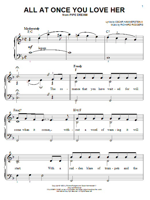 Learn to play Rodgers & Hammerstein All At Once You Love Her sheet music for Easy Piano in minutes. Rodgers & Hammerstein All At Once You Love Her sheet music preview music notes and score for Easy Piano including 5 page(s)