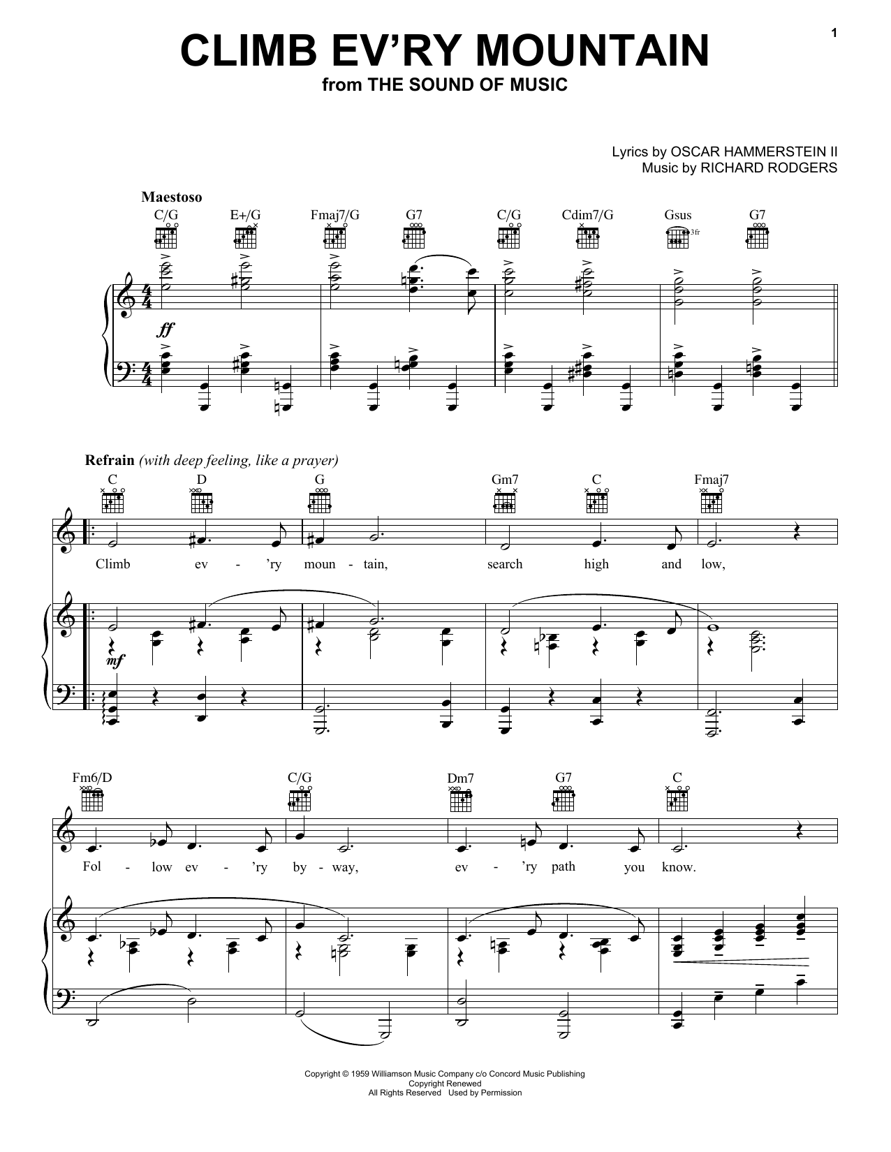 Rodgers & Hammerstein Climb Ev'ry Mountain sheet music preview music notes and score for Piano, Vocal & Guitar (Right-Hand Melody) including 3 page(s)