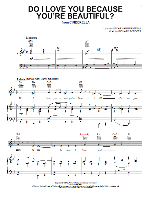 Rodgers & Hammerstein Do I Love You Because You're Beautiful? sheet music preview music notes and score for Piano, Vocal & Guitar (Right-Hand Melody) including 3 page(s)