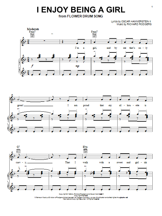 Learn to play Rodgers & Hammerstein I Enjoy Being A Girl sheet music for Piano, Vocal & Guitar (Right-Hand Melody) in minutes. Rodgers & Hammerstein I Enjoy Being A Girl sheet music preview music notes and score for Piano, Vocal & Guitar (Right-Hand Melody) including 10 page(s)