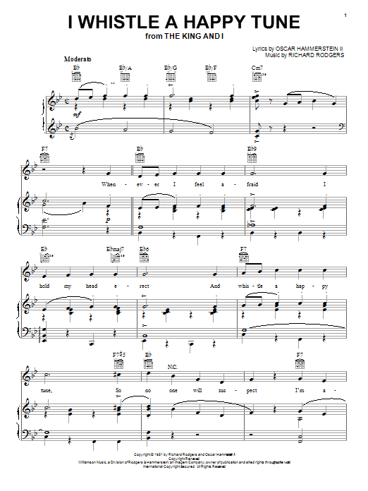 Learn to play Rodgers & Hammerstein I Whistle A Happy Tune sheet music for Piano, Vocal & Guitar (Right-Hand Melody) in minutes. Rodgers & Hammerstein I Whistle A Happy Tune sheet music preview music notes and score for Piano, Vocal & Guitar (Right-Hand Melody) including 4 page(s)