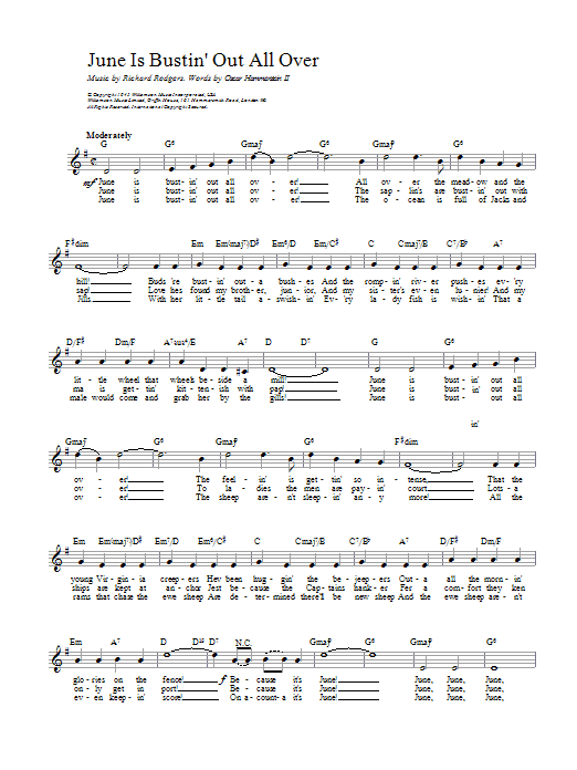Rodgers & Hammerstein June Is Bustin' Out All Over sheet music preview music notes and score for Piano, Vocal & Guitar (Right-Hand Melody) including 6 page(s)
