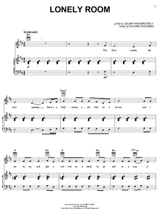 Learn to play Rodgers & Hammerstein Lonely Room sheet music for Piano, Vocal & Guitar (Right-Hand Melody) in minutes. Rodgers & Hammerstein Lonely Room sheet music preview music notes and score for Piano, Vocal & Guitar (Right-Hand Melody) including 5 page(s)