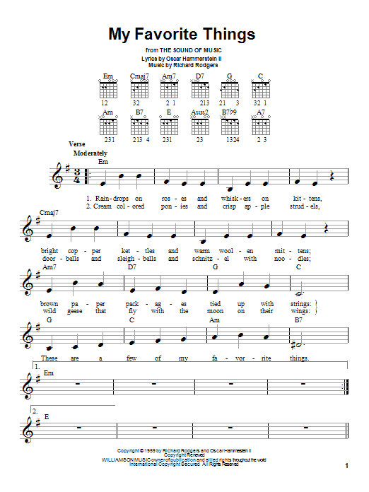 Learn to play Rodgers & Hammerstein My Favorite Things (from The Sound Of Music) sheet music for Piano, Vocal & Guitar (Right-Hand Melody) in minutes. Rodgers & Hammerstein My Favorite Things (from The Sound Of Music) sheet music preview music notes and score for Piano, Vocal & Guitar (Right-Hand Melody) including 6 page(s)