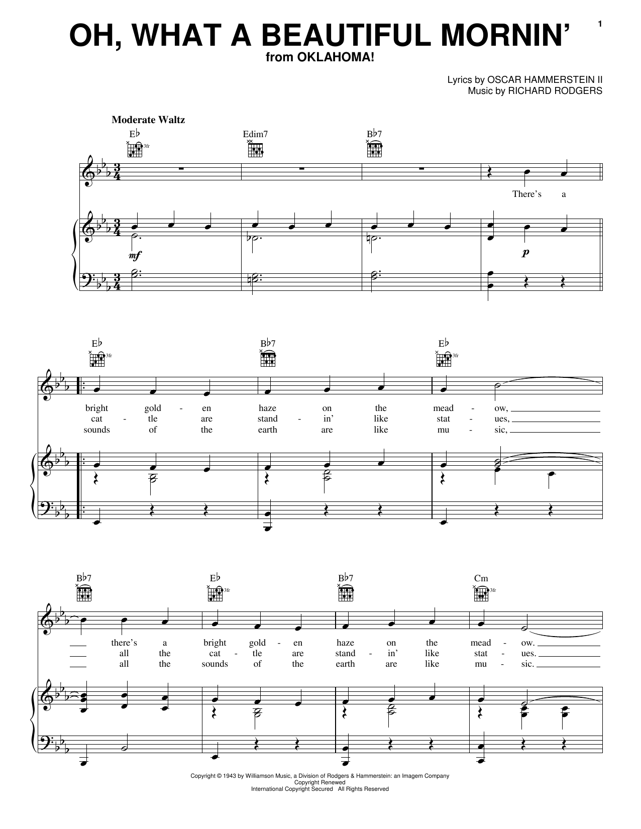 Learn to play Rodgers & Hammerstein Oh, What A Beautiful Mornin' sheet music for Piano, Vocal & Guitar (Right-Hand Melody) in minutes. Rodgers & Hammerstein Oh, What A Beautiful Mornin' sheet music preview music notes and score for Piano, Vocal & Guitar (Right-Hand Melody) including 3 page(s)