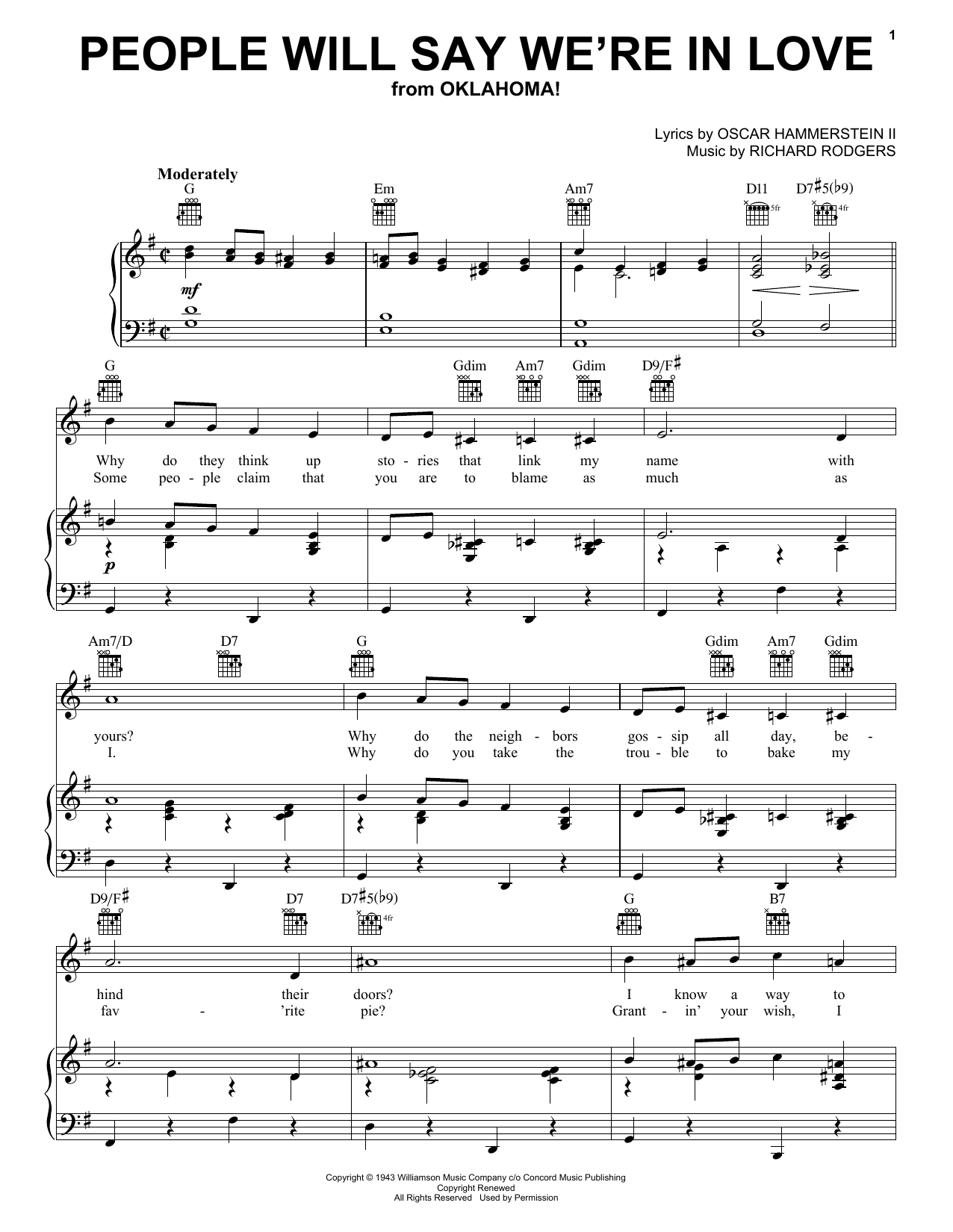 Rodgers & Hammerstein People Will Say We're In Love sheet music preview music notes and score for Lyrics & Chords including 2 page(s)