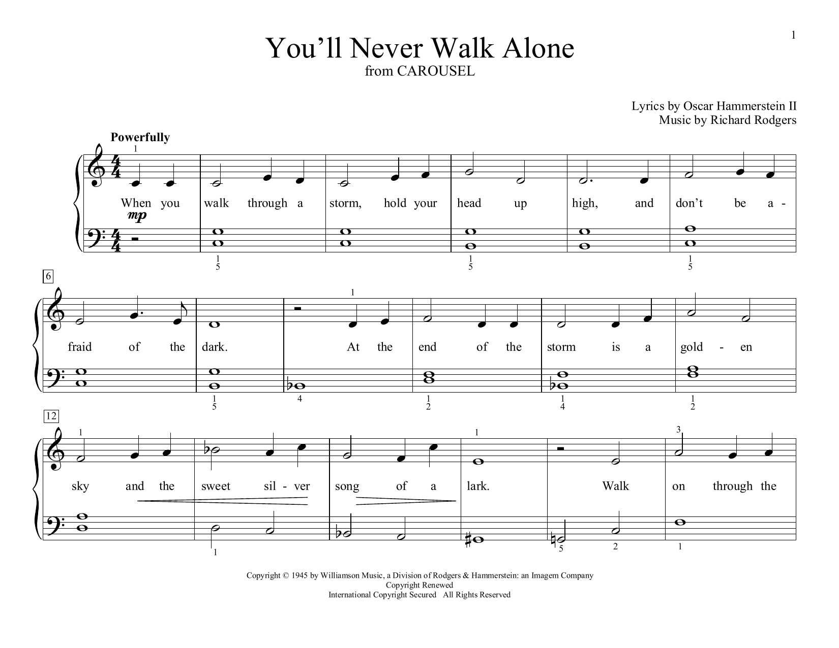 Learn to play Rodgers & Hammerstein You'll Never Walk Alone (from Carousel) (arr. Christopher Hussey) sheet music for Educational Piano in minutes. Rodgers & Hammerstein You'll Never Walk Alone (from Carousel) (arr. Christopher Hussey) sheet music preview music notes and score for Educational Piano including 2 page(s)