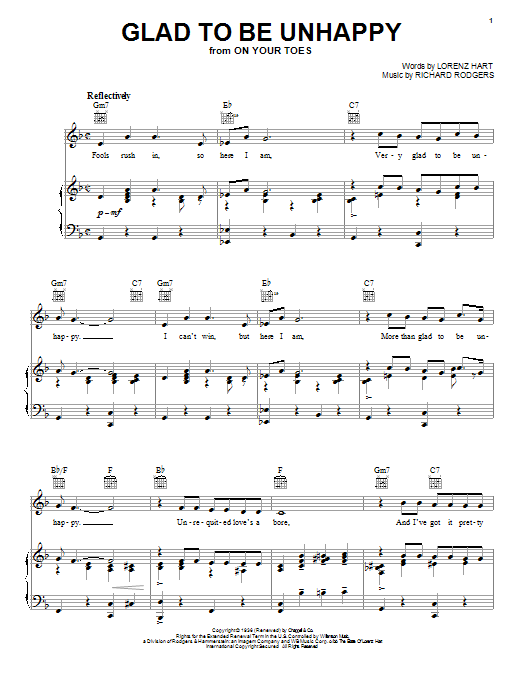 Learn to play Rodgers & Hart Glad To Be Unhappy sheet music for Piano, Vocal & Guitar (Right-Hand Melody) in minutes. Rodgers & Hart Glad To Be Unhappy sheet music preview music notes and score for Piano, Vocal & Guitar (Right-Hand Melody) including 5 page(s)
