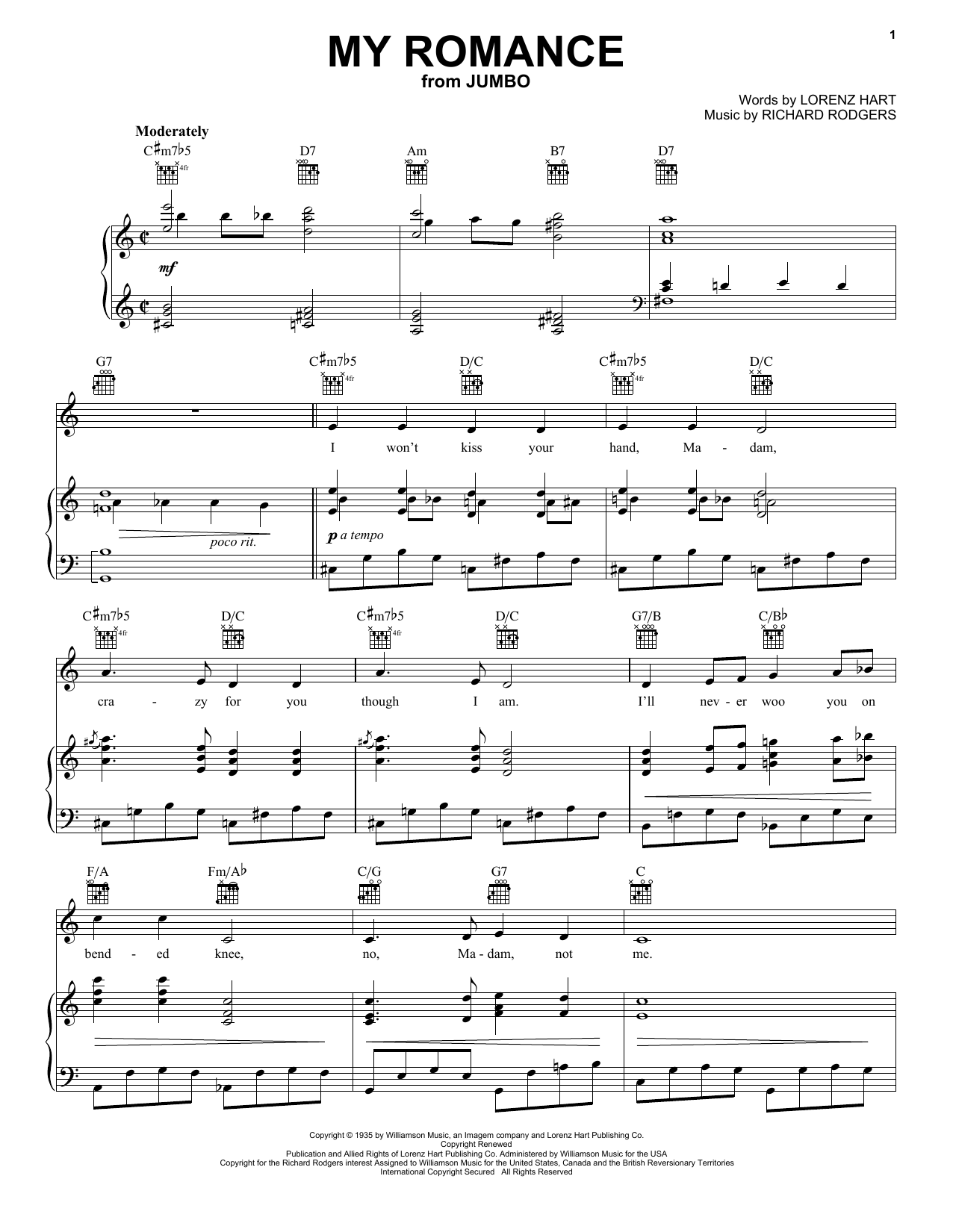 Rodgers & Hart My Romance sheet music preview music notes and score for Piano, Vocal & Guitar (Right-Hand Melody) including 4 page(s)