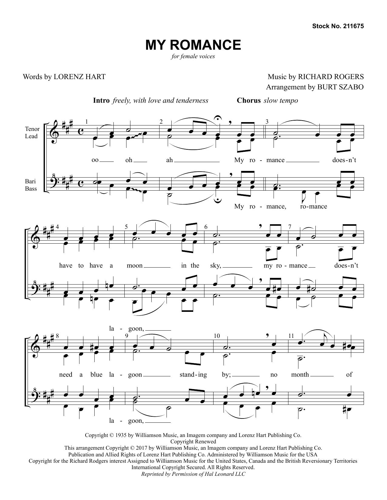Learn to play Rodgers & Hart My Romance (arr. Burt Szabo) sheet music for TTBB Choir in minutes. Rodgers & Hart My Romance (arr. Burt Szabo) sheet music preview music notes and score for TTBB Choir including 4 page(s)