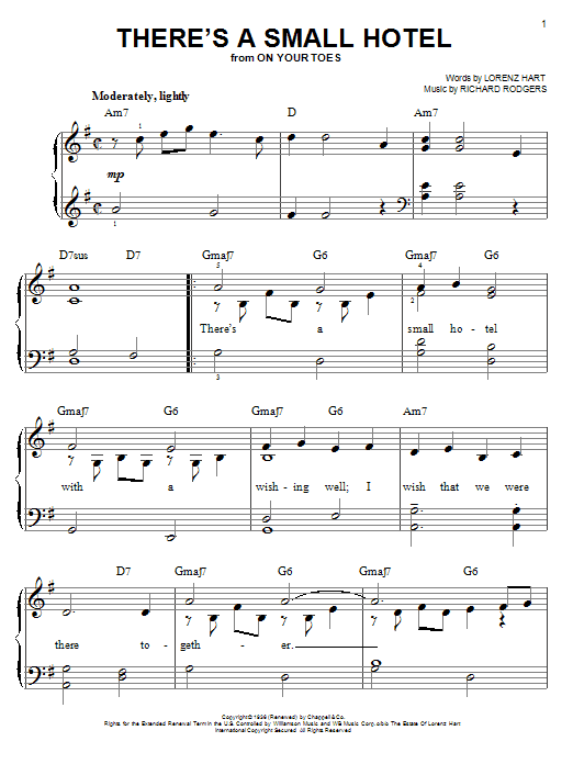 Learn to play Rodgers & Hart There's A Small Hotel sheet music for Piano, Vocal & Guitar (Right-Hand Melody) in minutes. Rodgers & Hart There's A Small Hotel sheet music preview music notes and score for Piano, Vocal & Guitar (Right-Hand Melody) including 5 page(s)