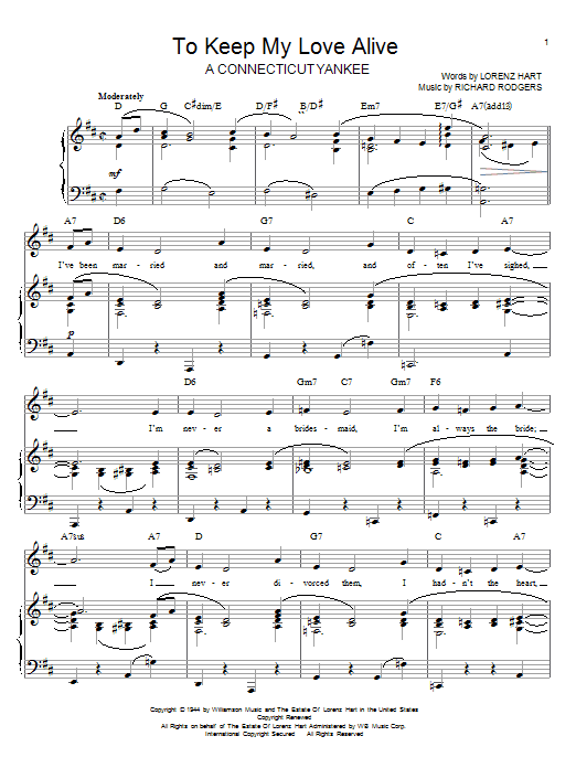 Rodgers & Hart To Keep My Love Alive sheet music preview music notes and score for Piano, Vocal & Guitar (Right-Hand Melody) including 4 page(s)