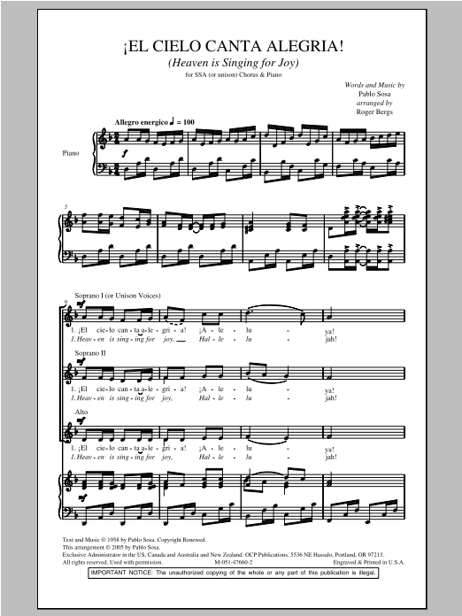 Roger Bergs El Cielo Canta Alegria! (Heaven Is Singing For Joy!) sheet music, chords, lyrics - Printable PDF for SSA