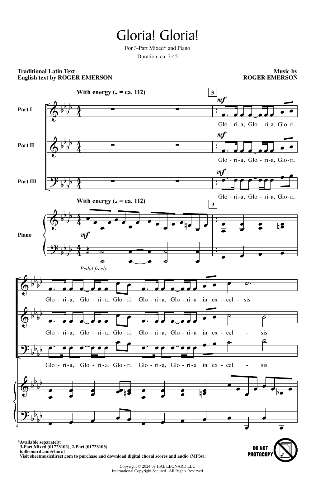 Roger Emerson Gloria! Gloria! sheet music, chords, lyrics - Printable PDF for 3-Part Mixed Choir