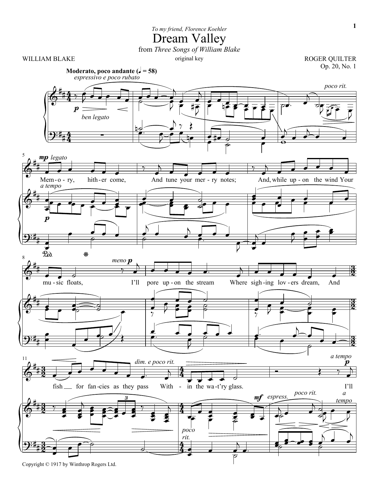 Roger Quilter Dream Valley, Op. 20, No. 1 sheet music, chords, lyrics - Printable PDF for Piano & Vocal