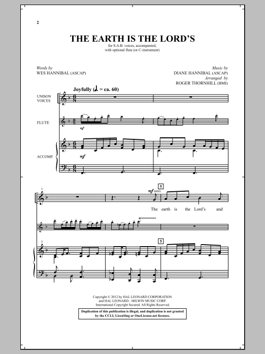 Roger Thornhill The Earth Is The Lord's sheet music, chords, lyrics - Printable PDF for Choral