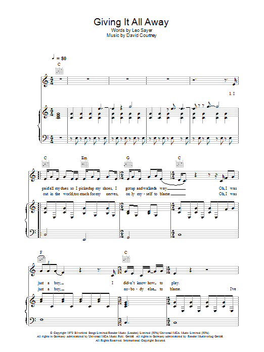Learn to play Roger Daltrey Giving It All Away sheet music for Piano, Vocal & Guitar in minutes. Roger Daltrey Giving It All Away sheet music preview music notes and score for Piano, Vocal & Guitar including 4 page(s)