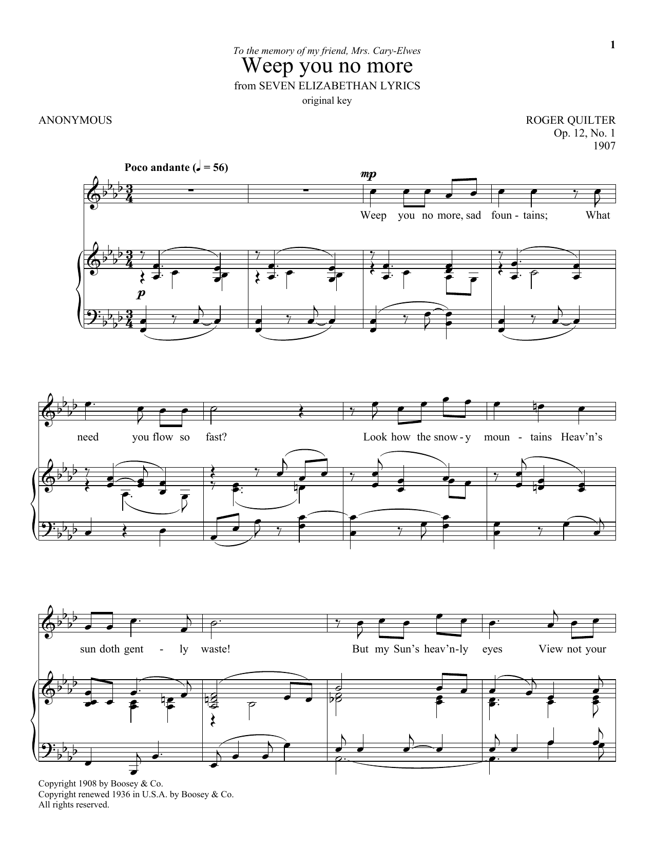 Learn to play Roger Quilter Weep You No More sheet music for Piano, Vocal & Guitar (Right-Hand Melody) in minutes. Roger Quilter Weep You No More sheet music preview music notes and score for Piano, Vocal & Guitar (Right-Hand Melody) including 3 page(s)
