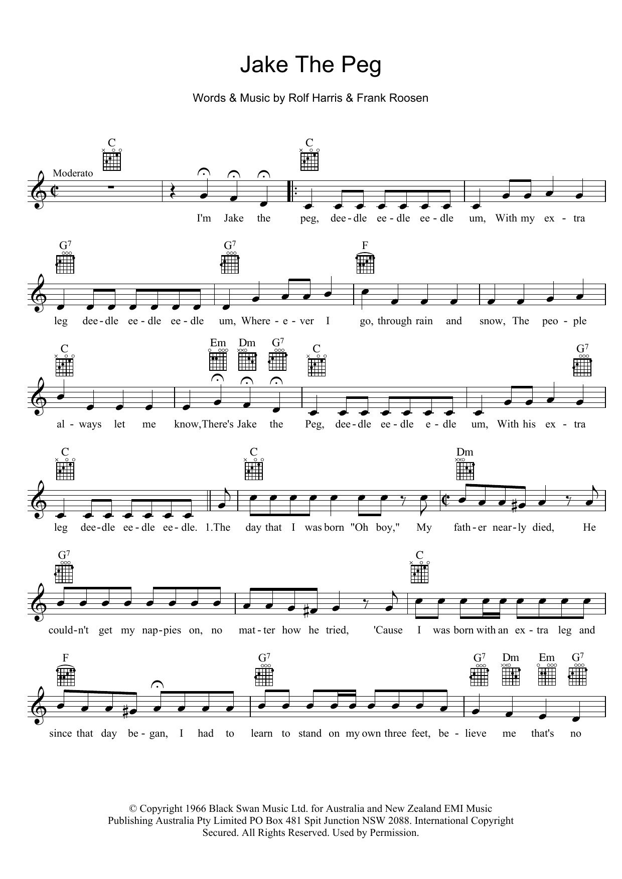 Learn to play Rolf Harris Jake The Peg sheet music for Melody Line, Lyrics & Chords in minutes. Rolf Harris Jake The Peg sheet music preview music notes and score for Melody Line, Lyrics & Chords including 2 page(s)