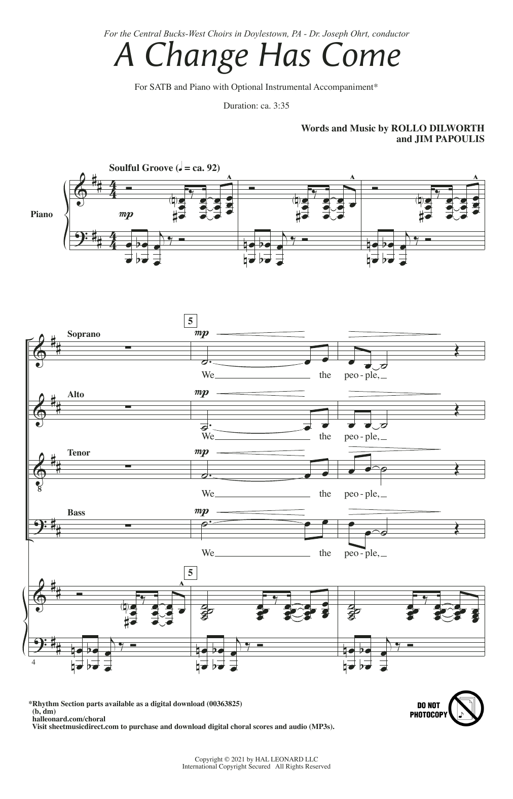 Rollo Dilworth & Jim Papoulis A Change Has Come sheet music, chords, lyrics - Printable PDF for SATB Choir