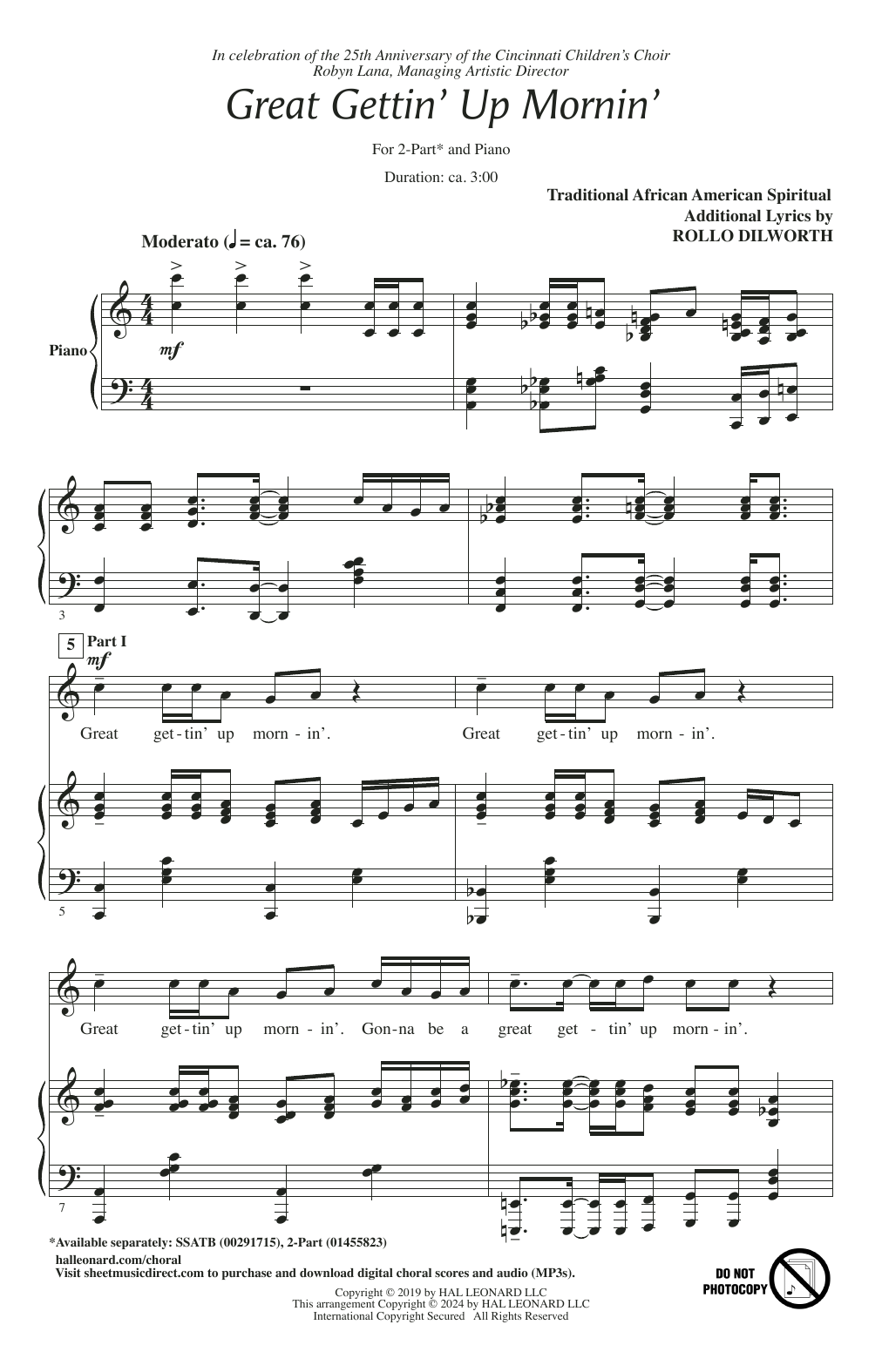 Rollo Dilworth Great Gettin' Up Mornin' sheet music, chords, lyrics - Printable PDF for 2-Part Choir