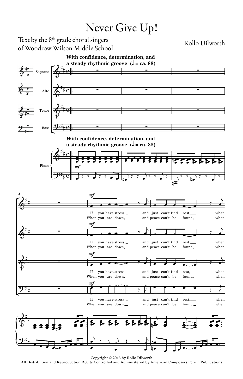 Rollo Dilworth Never Give Up! sheet music, chords, lyrics - Printable PDF for SATB Choir