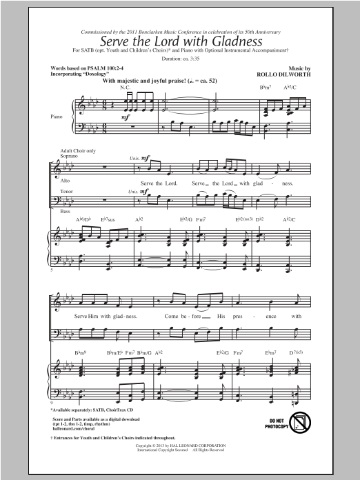 Rollo Dilworth Serve The Lord With Gladness sheet music, chords, lyrics - Printable PDF for SATB