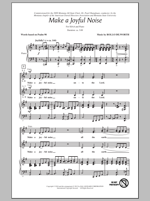 Learn to play Rollo Dilworth Make A Joyful Noise sheet music for SSA in minutes. Rollo Dilworth Make A Joyful Noise sheet music preview music notes and score for SSA including 10 page(s)