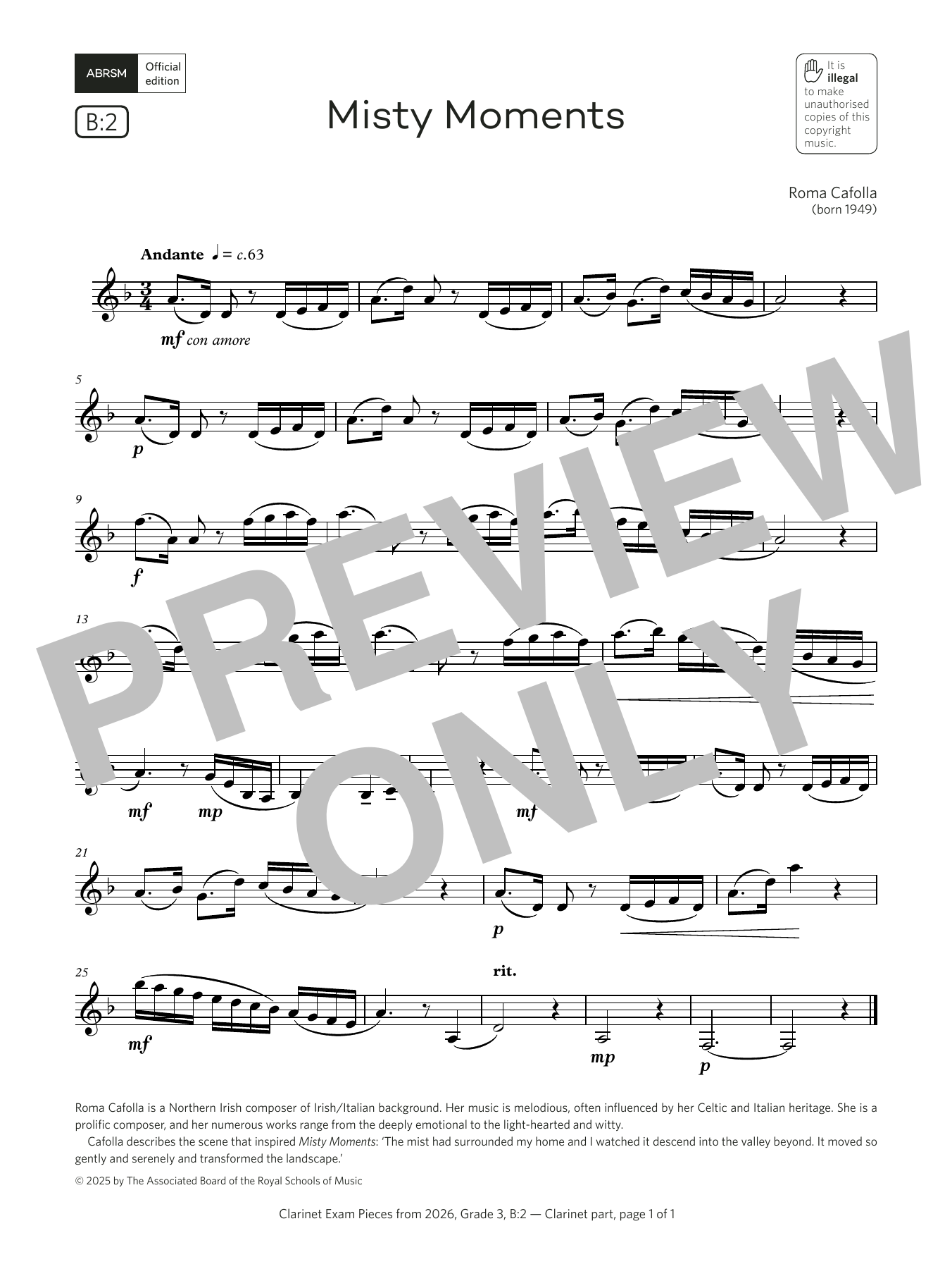 Roma Cafolla Misty Moments (Grade 3, list B2, from the ABRSM Clarinet Syllabus from 2026) sheet music, chords, lyrics - Printable PDF for Clarinet Solo
