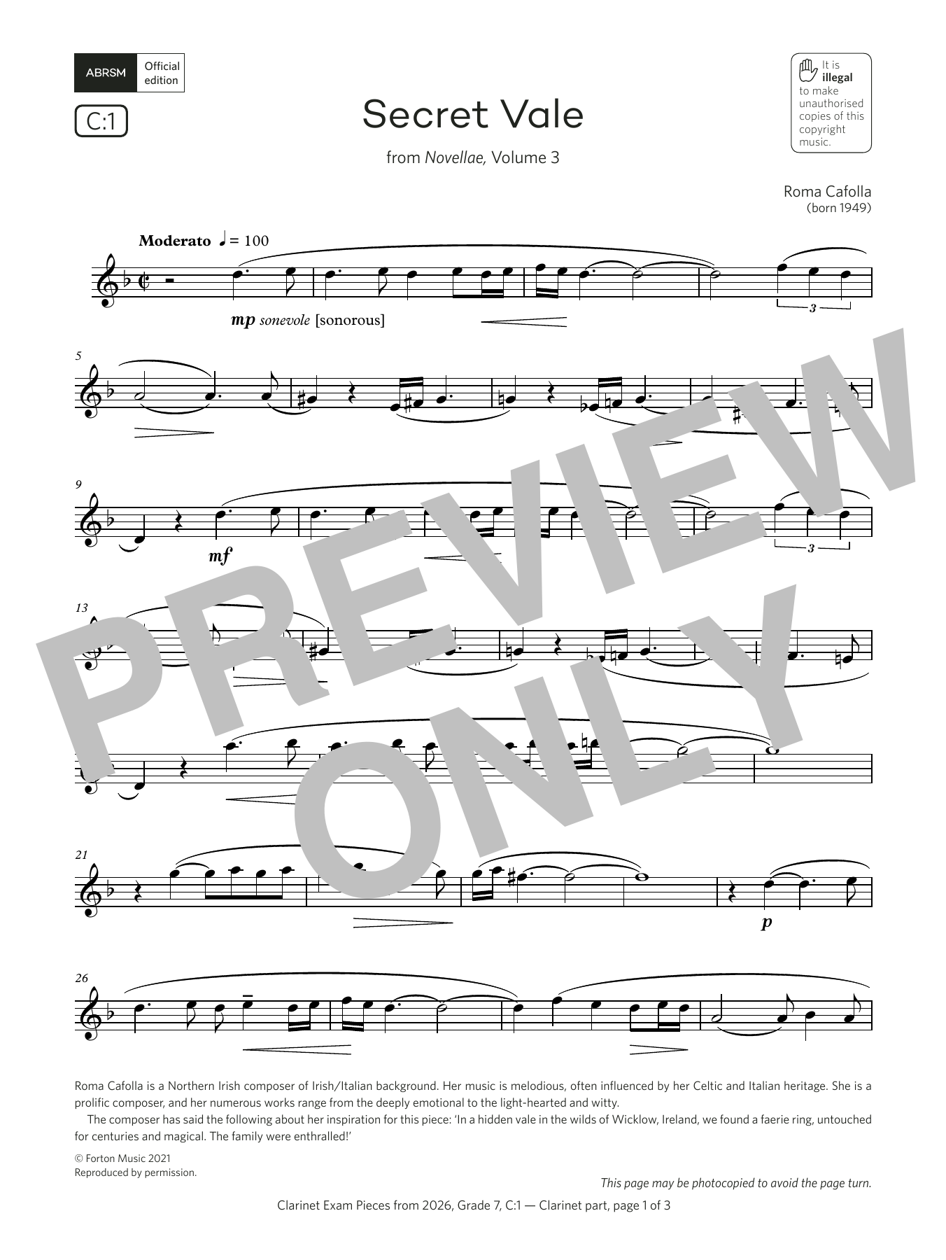 Roma Cafolla Secret Vale (Grade 7, list C1, from the ABRSM Clarinet Syllabus from 2026) sheet music, chords, lyrics - Printable PDF for Clarinet Solo