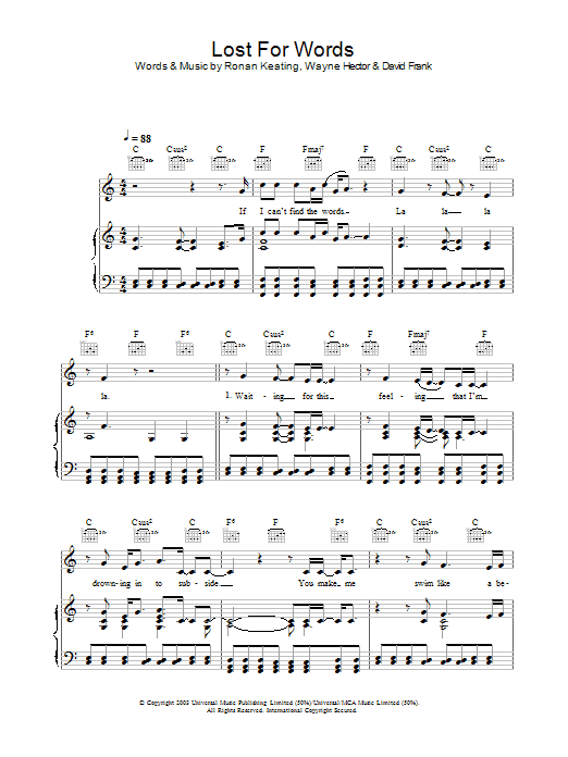 Ronan Keating Lost For Words sheet music, chords, lyrics - Printable PDF for Piano, Vocal & Guitar (Right-Hand Melody)