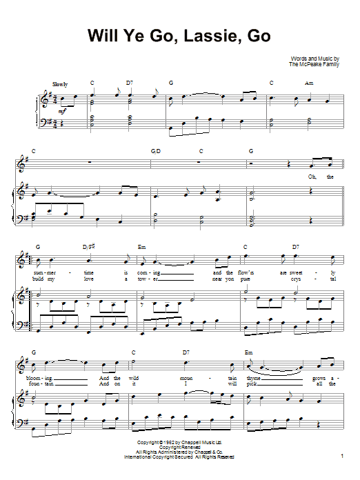 Ronan Tynan Will Ye Go, Lassie, Go sheet music, chords, lyrics - Printable PDF for Piano, Vocal & Guitar (Right-Hand Melody)
