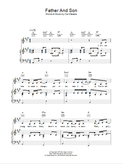 Learn to play Ronan Keating Father And Son (feat. Yusuf) sheet music for Piano, Vocal & Guitar (Right-Hand Melody) in minutes. Ronan Keating Father And Son (feat. Yusuf) sheet music preview music notes and score for Piano, Vocal & Guitar (Right-Hand Melody) including 5 page(s)