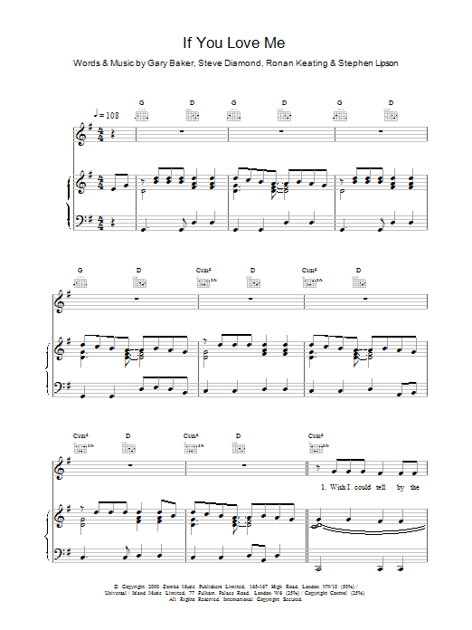 Ronan Keating If You Love Me sheet music preview music notes and score for Piano, Vocal & Guitar including 5 page(s)