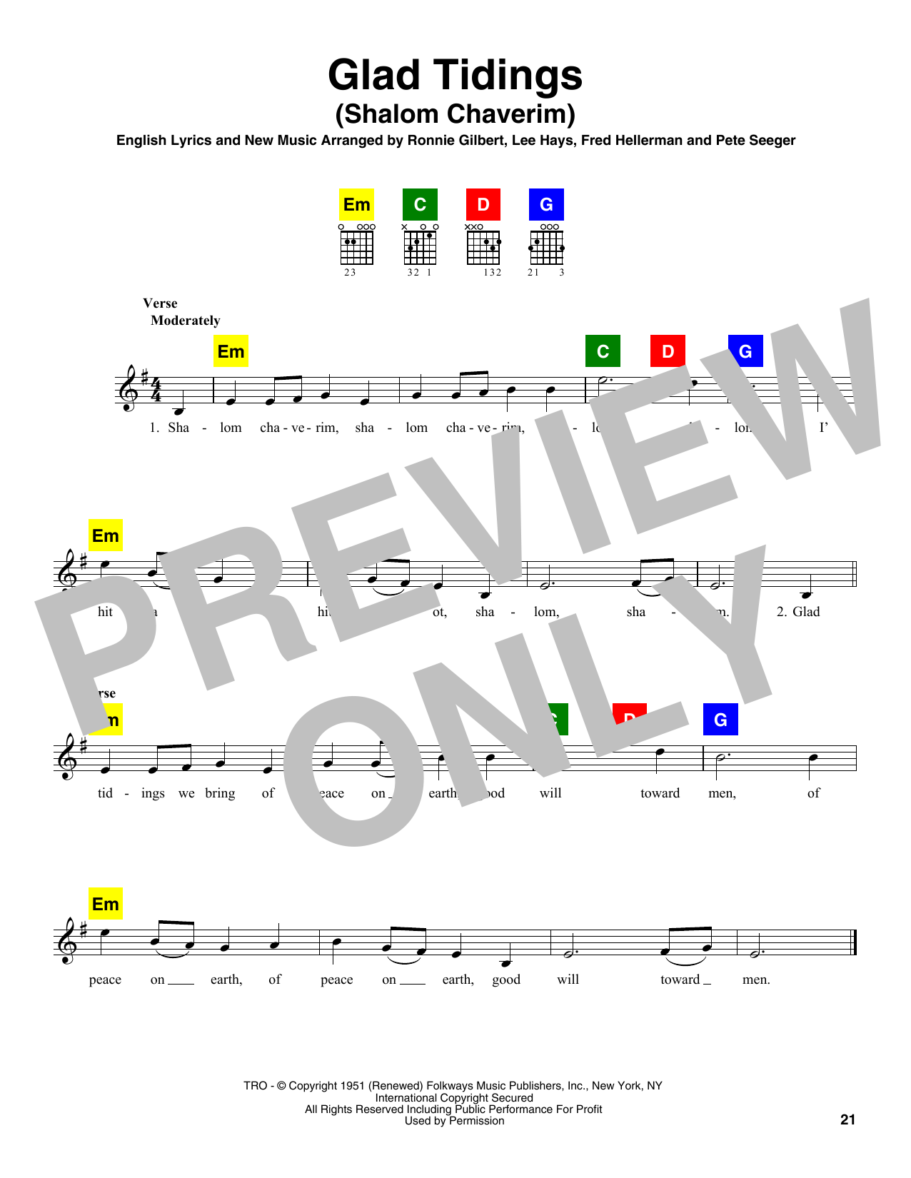 Ronnie Gilbert, Lee Hays, Fred Hellerman & Pete Seeger Glad Tidings (Shalom Chaverim) sheet music, chords, lyrics - Printable PDF for CHDBDY